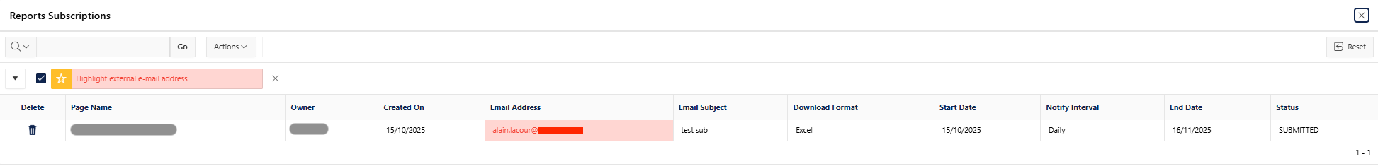 Report subscriptions sample entry with highlighted e-mail address