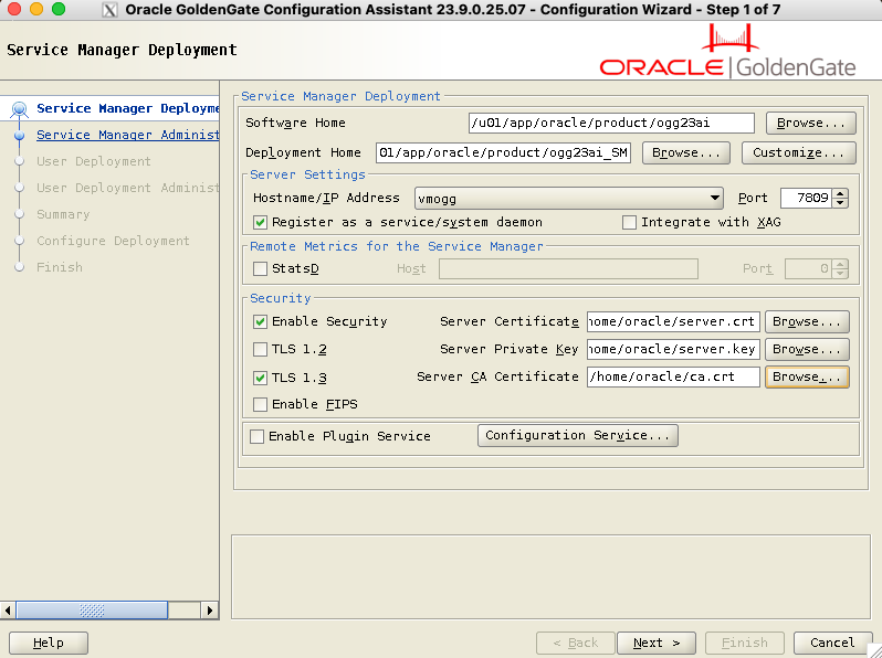 Step 1 out of 7 of GoldenGate graphic installation with oggca.sh