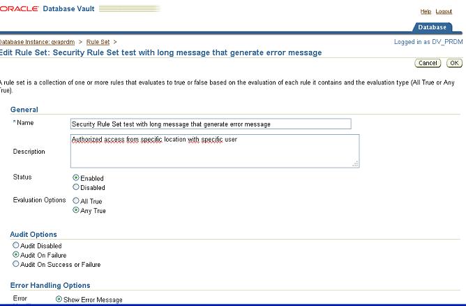 Database Vault Rule Set