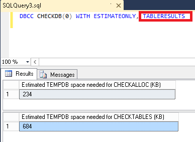 DBCC CHECKDB WITH ESTIMATEONLY, TABLERESULTS for SQL Server 2008