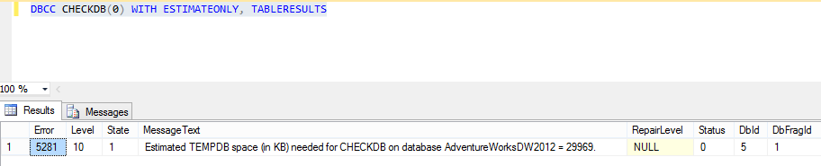 DBCC CHECKDB WITH ESTIMATEONLY, TABLERESULTS for SQL Server 2016