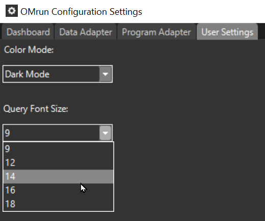 User settings in OMrun with the new features Colormode and font size selection