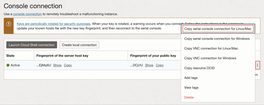 Create an OCI instance console connection