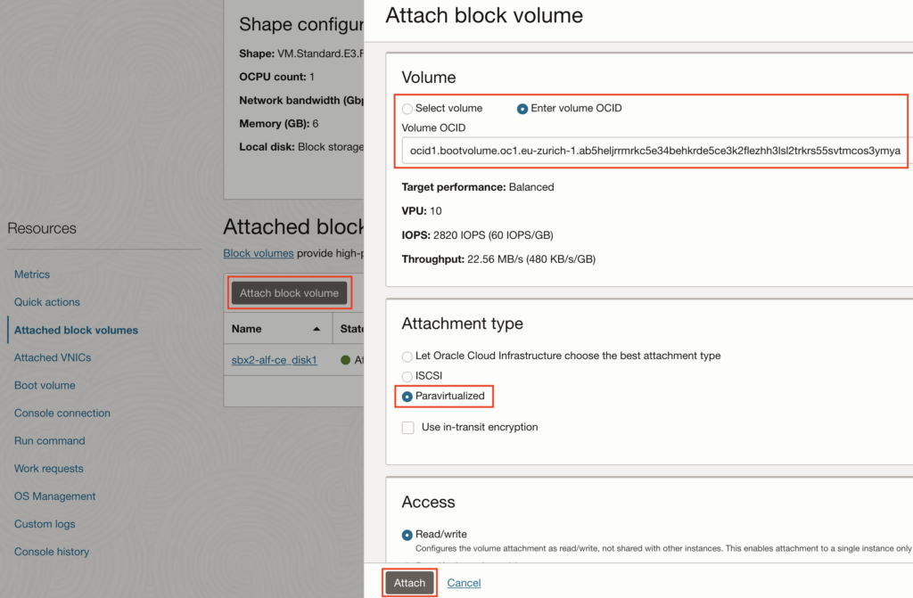 Attach the boot volume as a block volume of an OCI instance