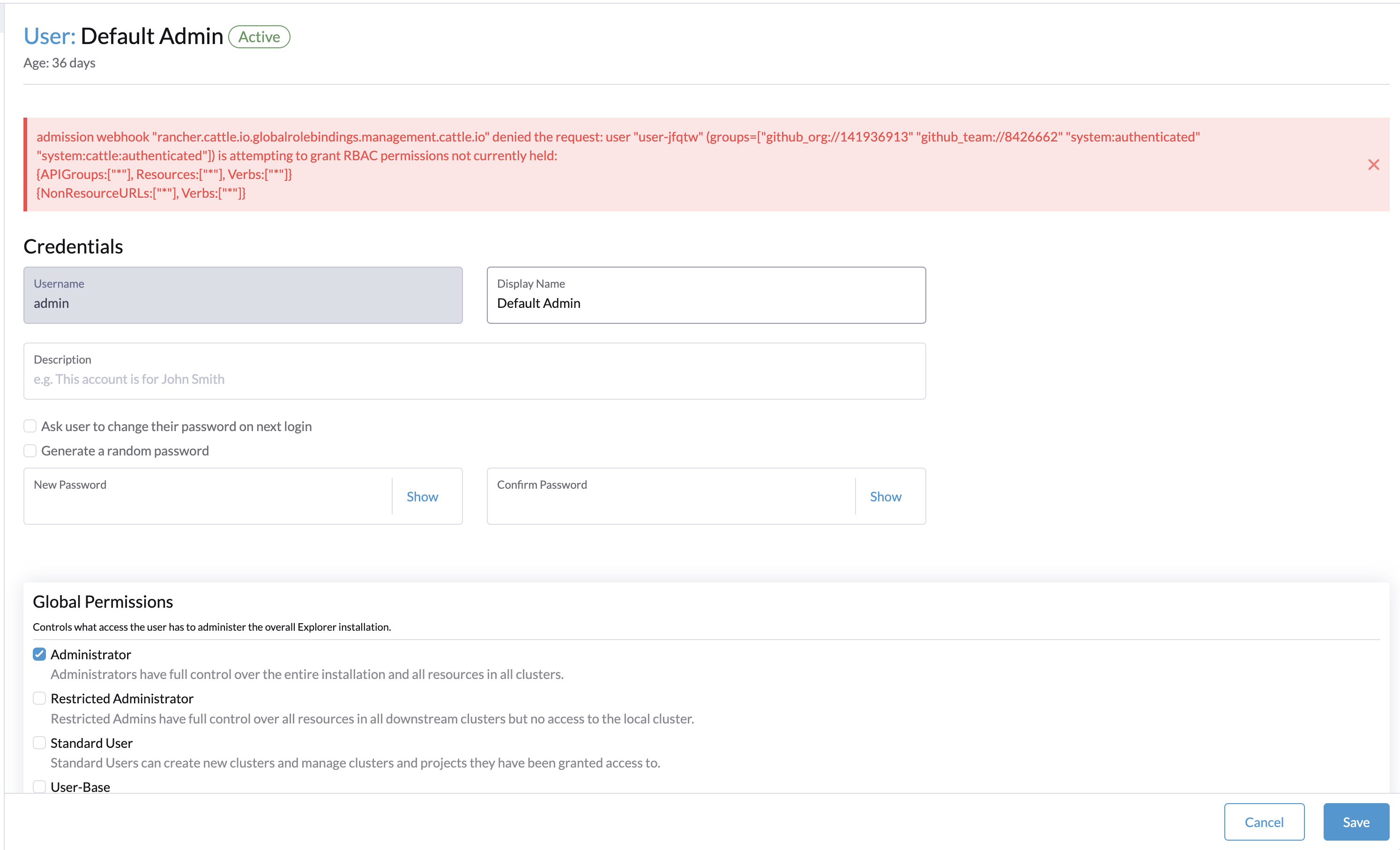 error message when assigining Administrator role