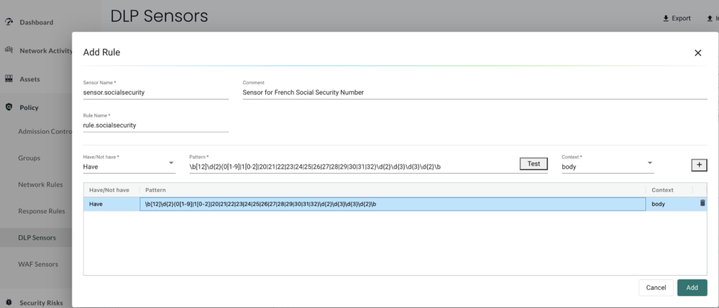 DLP sensors configuration in NeuVector.