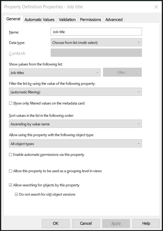 "Job title" M-Files property list definition
