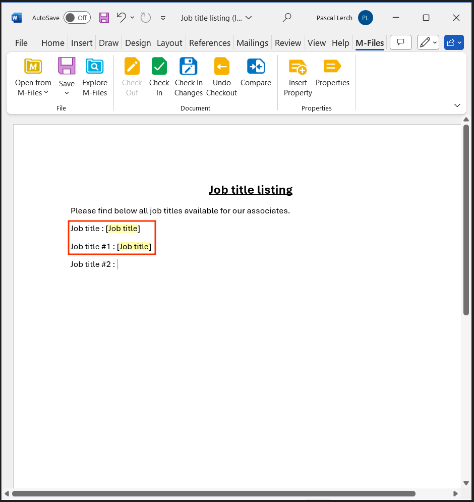 All "Job title" M-Files list property fields inserted into Word document