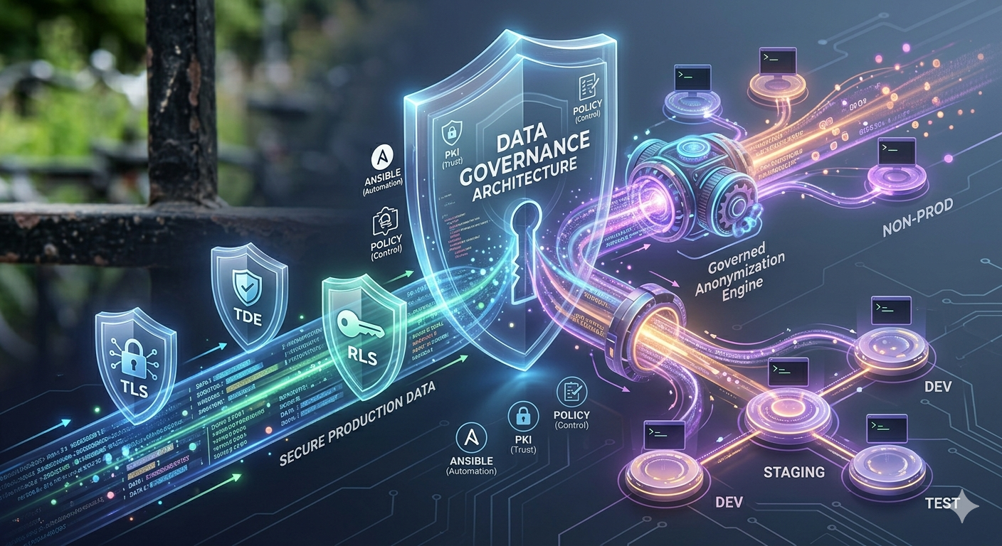 Conceptual diagram of a secure data pipeline showing production data passing through a governance engine to anonymized dev and staging environments.