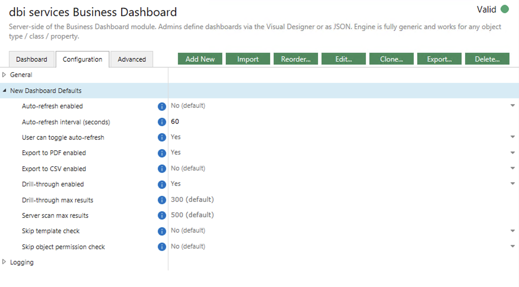 Business Dashboard Admin part - Default settings