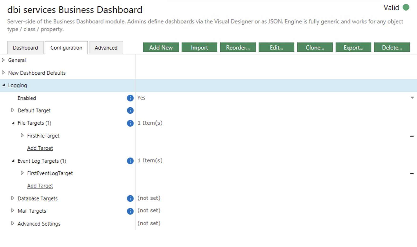 Business Dashboard Admin part - Logging settings