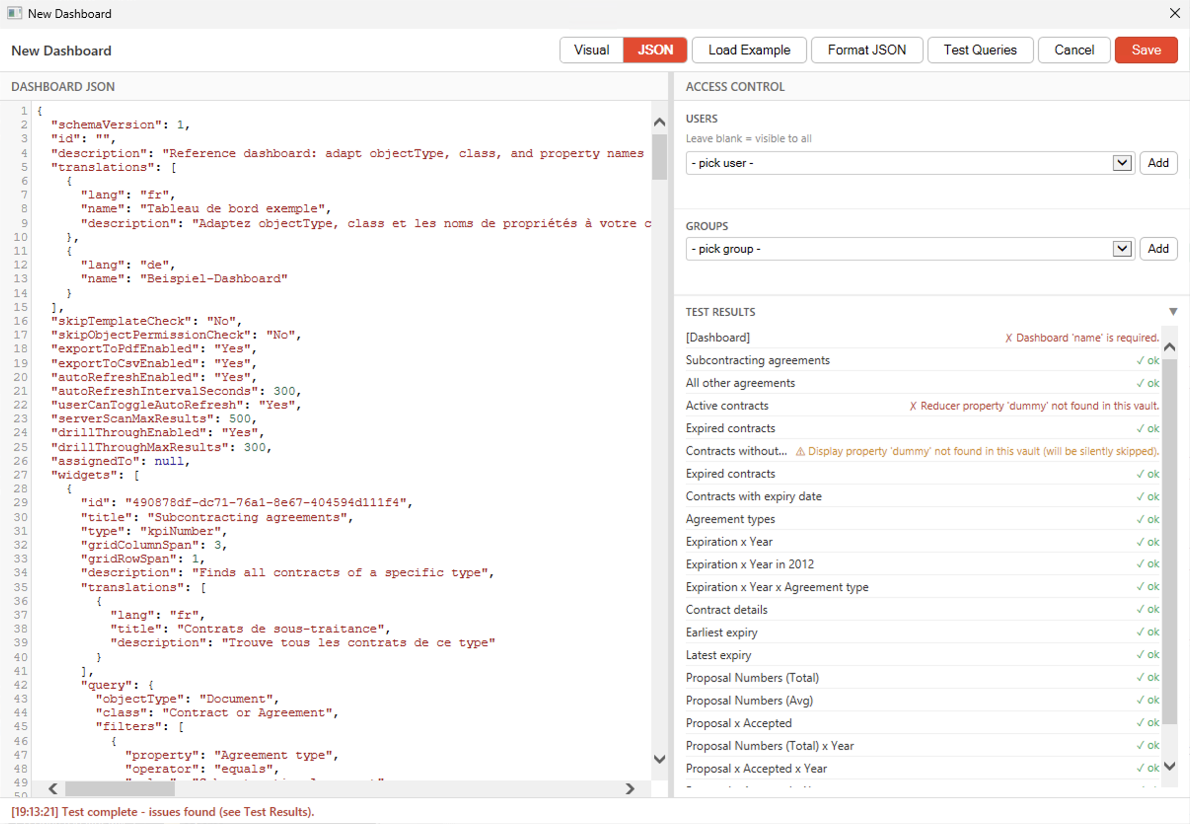 Business Dashboard JSON Editor with errors, warnings and OK messages