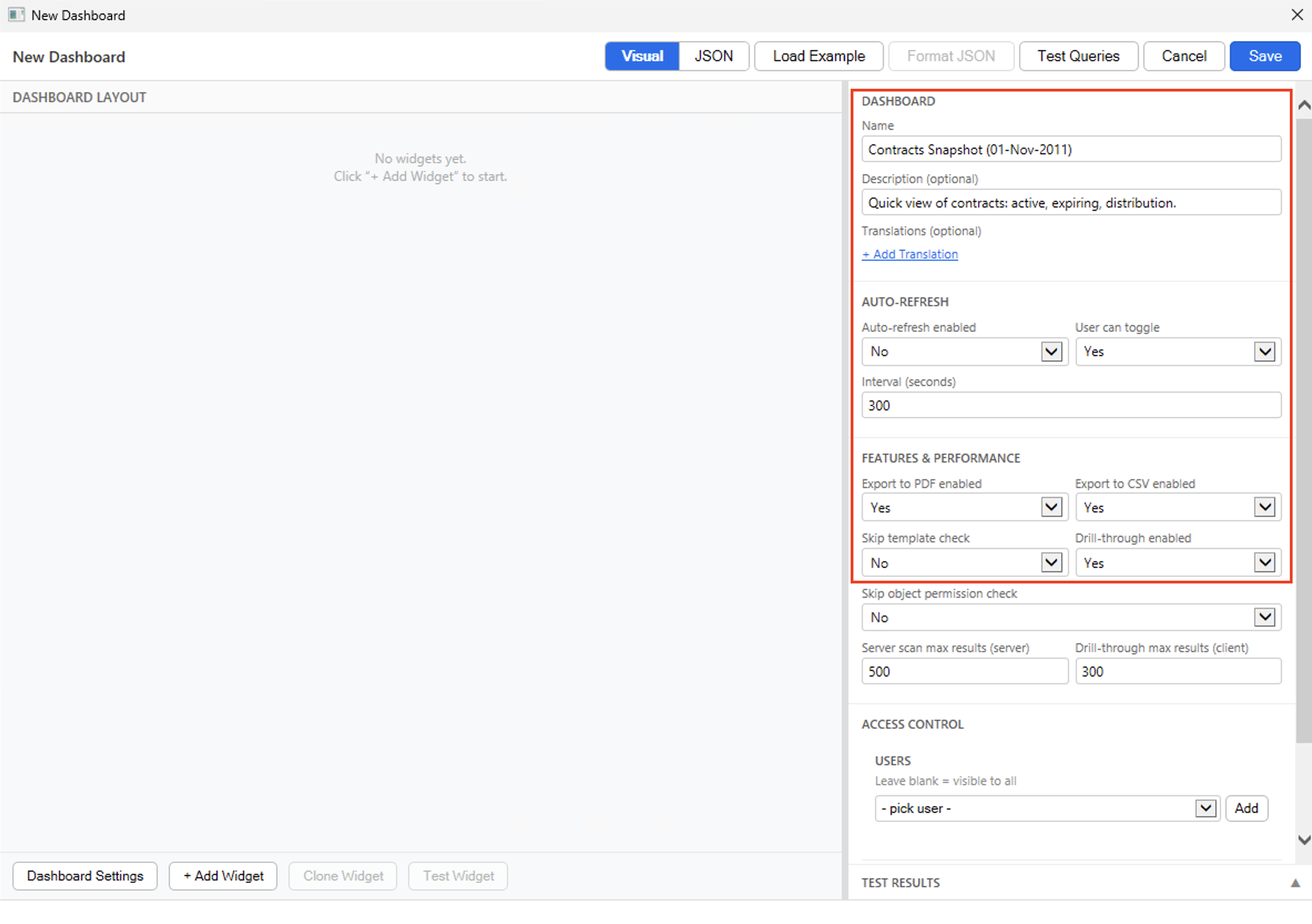 Updating the dashboard parameters in the Visual Designer