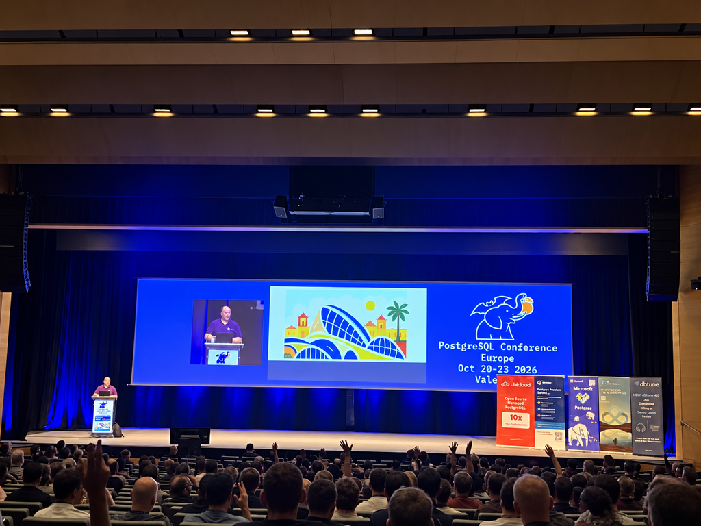 picture of the conference start Full room during the welcome session on the first day of PGConf.EU 2026 in Valencia